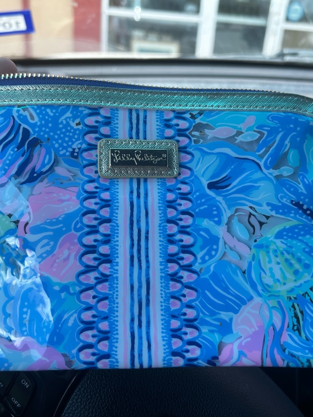 Lilly Pulitzer Blue Floral Cosmetic Pouch with Pink Accents